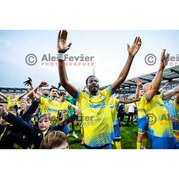 Ahmed Sibide of Koper celebrates victory at semi-final of Pivovarna Union Slovenian Cup 2024/2025 football match between Koper and Bravo Big Bang at Bonifika Stadium in Koper, Slovenia on April 23, 2025