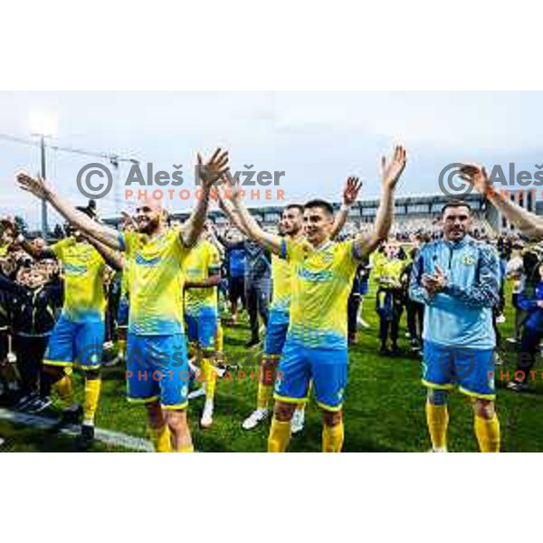 Dominik Ivkic, Veljko Mijailovic of Koper celebrate victory at semi-final of Pivovarna Union Slovenian Cup 2024/2025 football match between Koper and Bravo Big Bang at Bonifika Stadium in Koper, Slovenia on April 23, 2025