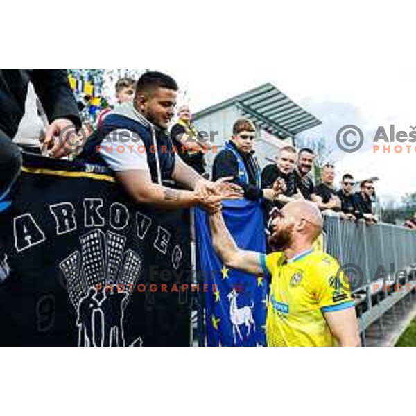 Tifozi and Dominik Ivkic of Koper celebrate victory at semi-final of Pivovarna Union Slovenian Cup 2024/2025 football match between Koper and Bravo Big Bang at Bonifika Stadium in Koper, Slovenia on April 23, 2025