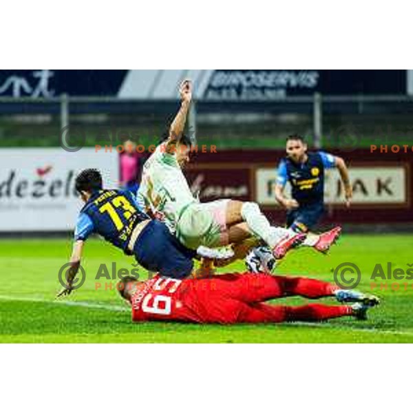 Egor Prutsev, Jorge Silva and Matevz Vidovsek in action during semi-final of Pivovarna Union Slovenian Cup 2024/2025 football match between Celje and Olimpija in Celje, Slovenia on April 24, 2025