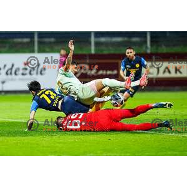 Egor Prutsev, Jorge Silva and Matevz Vidovsek in action during semi-final of Pivovarna Union Slovenian Cup 2024/2025 football match between Celje and Olimpija in Celje, Slovenia on April 24, 2025