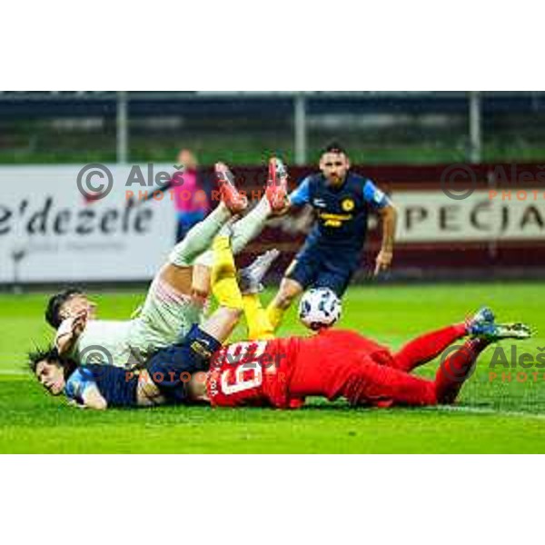 Egor Prutsev, Jorge Silva and Matevz Vidovsek in action during semi-final of Pivovarna Union Slovenian Cup 2024/2025 football match between Celje and Olimpija in Celje, Slovenia on April 24, 2025