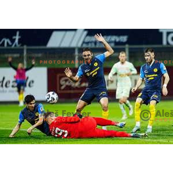 Egor Prutsev, Matevz Vidovsek and Aljosa Matko in action during semi-final of Pivovarna Union Slovenian Cup 2024/2025 football match between Celje and Olimpija in Celje, Slovenia on April 24, 2025