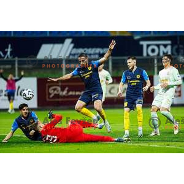 Egor Prutsev, Matevz Vidovsek and Aljosa Matko in action during semi-final of Pivovarna Union Slovenian Cup 2024/2025 football match between Celje and Olimpija in Celje, Slovenia on April 24, 2025