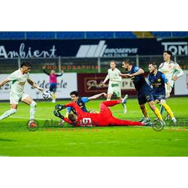 Egor Prutsev, Matevz Vidovsek and Aljosa Matko in action during semi-final of Pivovarna Union Slovenian Cup 2024/2025 football match between Celje and Olimpija in Celje, Slovenia on April 24, 2025