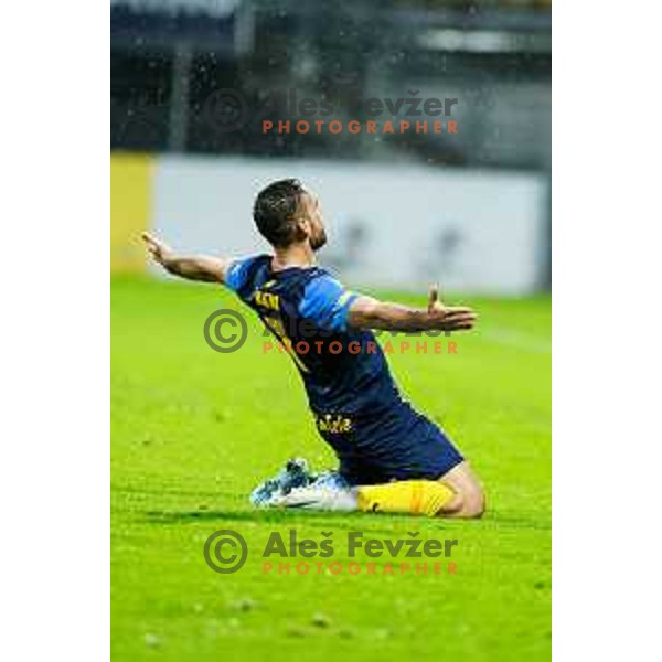 Aljosa Matko celebrates a goal in the semi-final of Pivovarna Union Slovenian Cup 2024/2025 football match between Celje and Olimpija in Celje, Slovenia on April 24, 2025