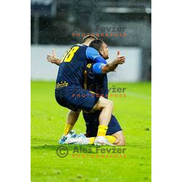 Aljosa Matko celebrates a goal in the semi-final of Pivovarna Union Slovenian Cup 2024/2025 football match between Celje and Olimpija in Celje, Slovenia on April 24, 2025