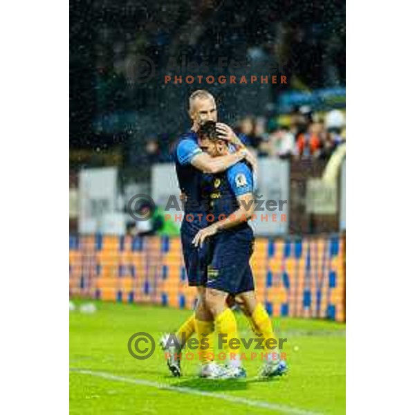 Klemen Nemanic and Aljosa Matko celebrate a goal in the semi-final of Pivovarna Union Slovenian Cup 2024/2025 football match between Celje and Olimpija in Celje, Slovenia on April 24, 2025 