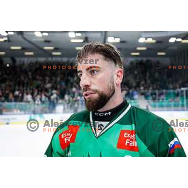 in action during second match of the Final of Slovenian ice-hockey National Championship 2024/2025 between SZ Olimpija Ljubljana and SIJ Acroni Jesenice in Hala Tivoli, Ljubljana, Slovenia on April 25, 2025