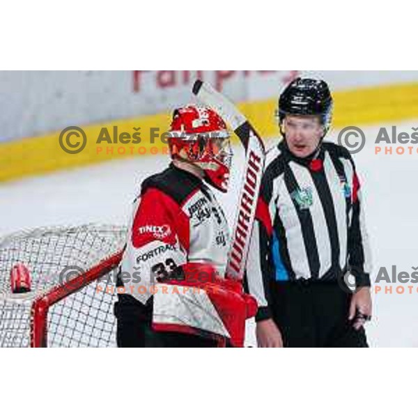 in action during second match of the Final of Slovenian ice-hockey National Championship 2024/2025 between SZ Olimpija Ljubljana and SIJ Acroni Jesenice in Hala Tivoli, Ljubljana, Slovenia on April 25, 2025