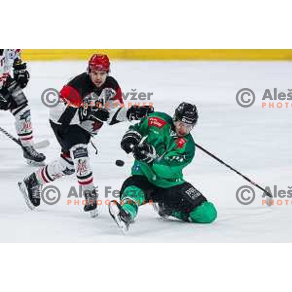 in action during second match of the Final of Slovenian ice-hockey National Championship 2024/2025 between SZ Olimpija Ljubljana and SIJ Acroni Jesenice in Hala Tivoli, Ljubljana, Slovenia on April 25, 2025