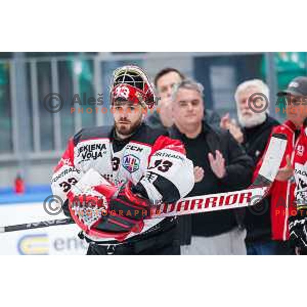 in action during second match of the Final of Slovenian ice-hockey National Championship 2024/2025 between SZ Olimpija Ljubljana and SIJ Acroni Jesenice in Hala Tivoli, Ljubljana, Slovenia on April 25, 2025