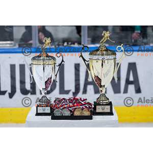 in action during second match of the Final of Slovenian ice-hockey National Championship 2024/2025 between SZ Olimpija Ljubljana and SIJ Acroni Jesenice in Hala Tivoli, Ljubljana, Slovenia on April 25, 2025