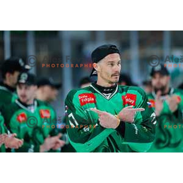 in action during second match of the Final of Slovenian ice-hockey National Championship 2024/2025 between SZ Olimpija Ljubljana and SIJ Acroni Jesenice in Hala Tivoli, Ljubljana, Slovenia on April 25, 2025