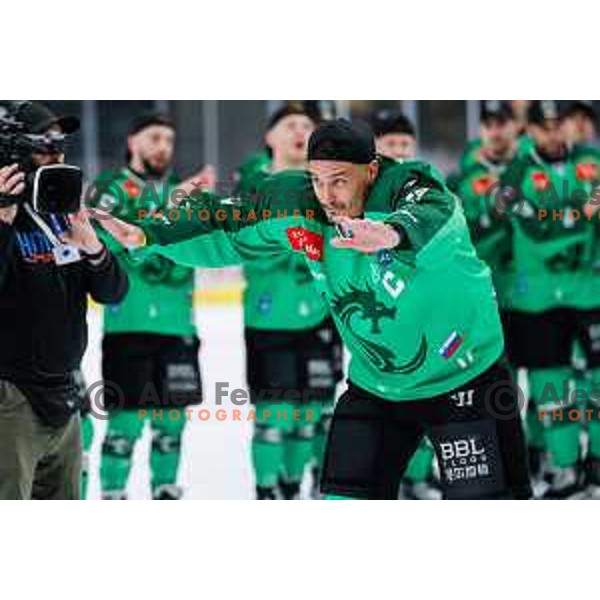 in action during second match of the Final of Slovenian ice-hockey National Championship 2024/2025 between SZ Olimpija Ljubljana and SIJ Acroni Jesenice in Hala Tivoli, Ljubljana, Slovenia on April 25, 2025