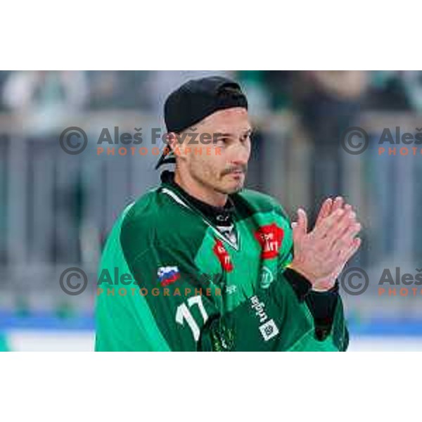 in action during second match of the Final of Slovenian ice-hockey National Championship 2024/2025 between SZ Olimpija Ljubljana and SIJ Acroni Jesenice in Hala Tivoli, Ljubljana, Slovenia on April 25, 2025