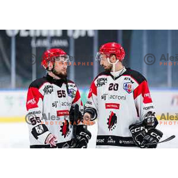 in action during second match of the Final of Slovenian ice-hockey National Championship 2024/2025 between SZ Olimpija Ljubljana and SIJ Acroni Jesenice in Hala Tivoli, Ljubljana, Slovenia on April 25, 2025