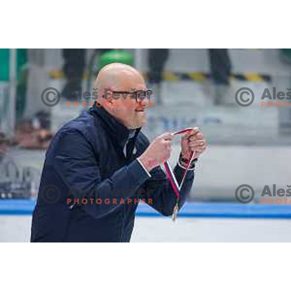 in action during second match of the Final of Slovenian ice-hockey National Championship 2024/2025 between SZ Olimpija Ljubljana and SIJ Acroni Jesenice in Hala Tivoli, Ljubljana, Slovenia on April 25, 2025