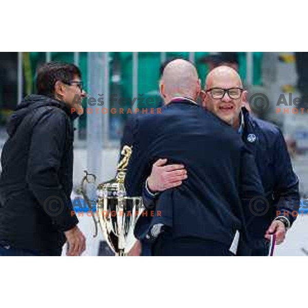 in action during second match of the Final of Slovenian ice-hockey National Championship 2024/2025 between SZ Olimpija Ljubljana and SIJ Acroni Jesenice in Hala Tivoli, Ljubljana, Slovenia on April 25, 2025