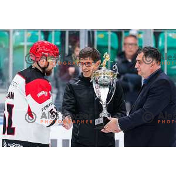 in action during second match of the Final of Slovenian ice-hockey National Championship 2024/2025 between SZ Olimpija Ljubljana and SIJ Acroni Jesenice in Hala Tivoli, Ljubljana, Slovenia on April 25, 2025