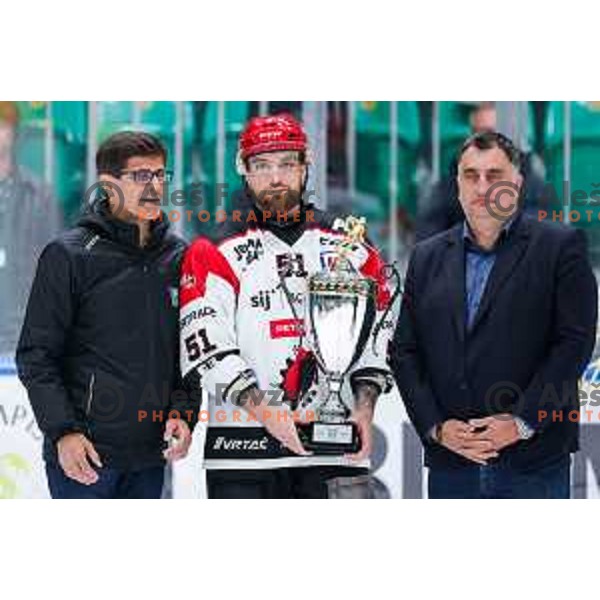 in action during second match of the Final of Slovenian ice-hockey National Championship 2024/2025 between SZ Olimpija Ljubljana and SIJ Acroni Jesenice in Hala Tivoli, Ljubljana, Slovenia on April 25, 2025