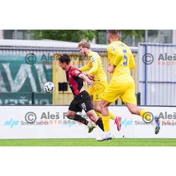 Haris Kadric and Nino Milic in action during Prva liga Telemach 2024/2025 football match between Domzale and Primorje in Domzale, Slovenia on April 26, 2025