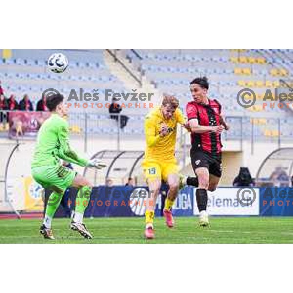 Haris Kadric scores a goal over Nino Milic and Lovro Stubljar during Prva liga Telemach 2024/2025 football match between Domzale and Primorje in Domzale, Slovenia on April 26, 2025