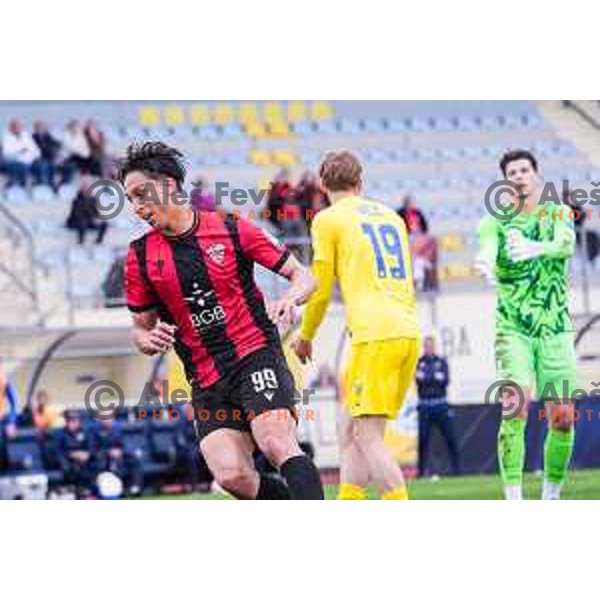 Haris Kadric scores a goal over Nino Milic and Lovro Stubljar during Prva liga Telemach 2024/2025 football match between Domzale and Primorje in Domzale, Slovenia on April 26, 2025