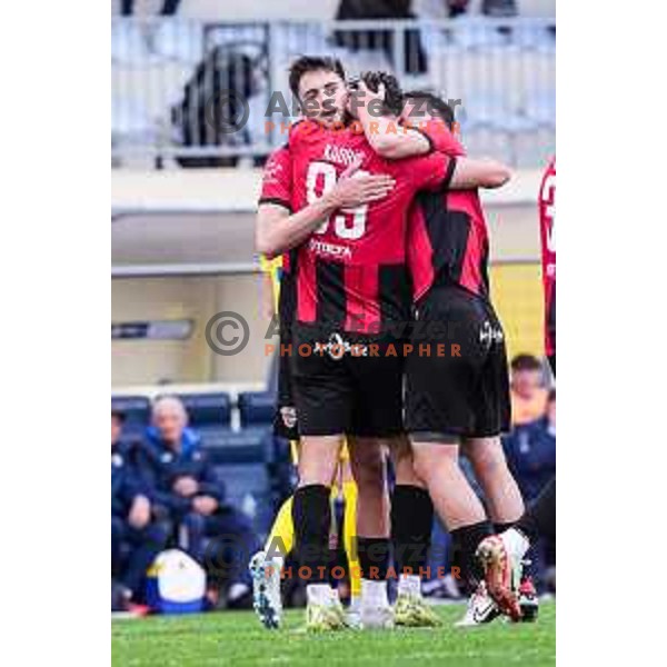 Haris Kadric and players of Primorje celebrate a goal during Prva liga Telemach 2024/2025 football match between Domzale and Primorje in Domzale, Slovenia on April 26, 2025