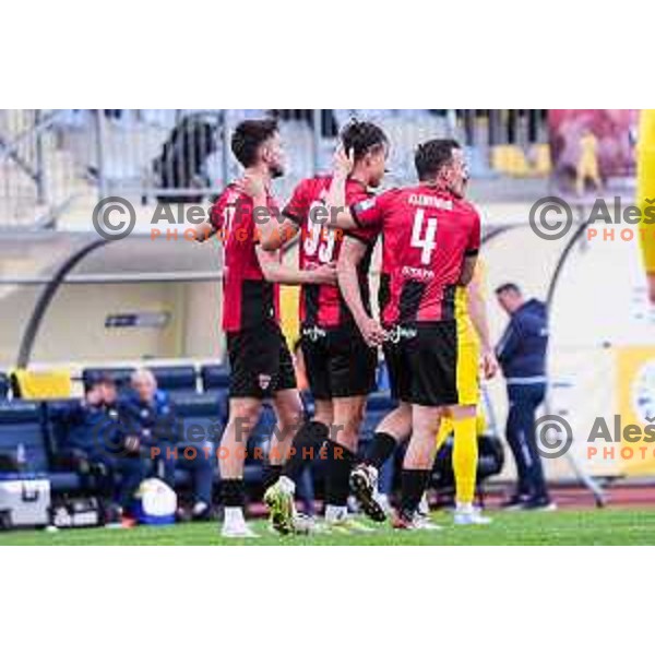 Haris Kadric and players of Primorje celebrate a goal during Prva liga Telemach 2024/2025 football match between Domzale and Primorje in Domzale, Slovenia on April 26, 2025