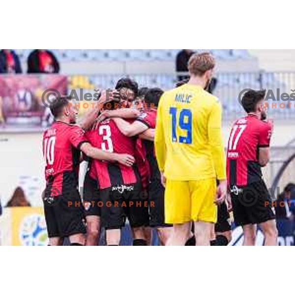 Haris Kadric and players of Primorje celebrate a goal during Prva liga Telemach 2024/2025 football match between Domzale and Primorje in Domzale, Slovenia on April 26, 2025