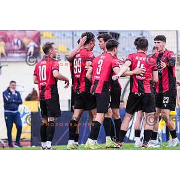 Haris Kadric and players of Primorje celebrate a goal during Prva liga Telemach 2024/2025 football match between Domzale and Primorje in Domzale, Slovenia on April 26, 2025