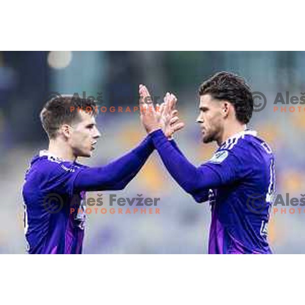 Ziga Repas and Omar Rekik celebrate goal during Prva liga Telemach 2024/25 football match between Maribor and Kalcer Radomlje in Ljudski vrt, Maribor, Slovenia on April 26, 2025. Photo: Jure Banfi
