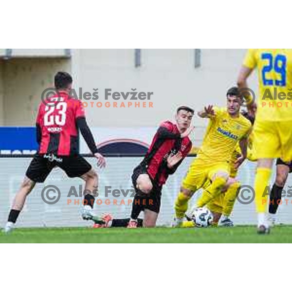 Tarik Candic and Lovro Grajfoner in action during Prva liga Telemach 2024/2025 football match between Domzale and Primorje in Domzale, Slovenia on April 26, 2025