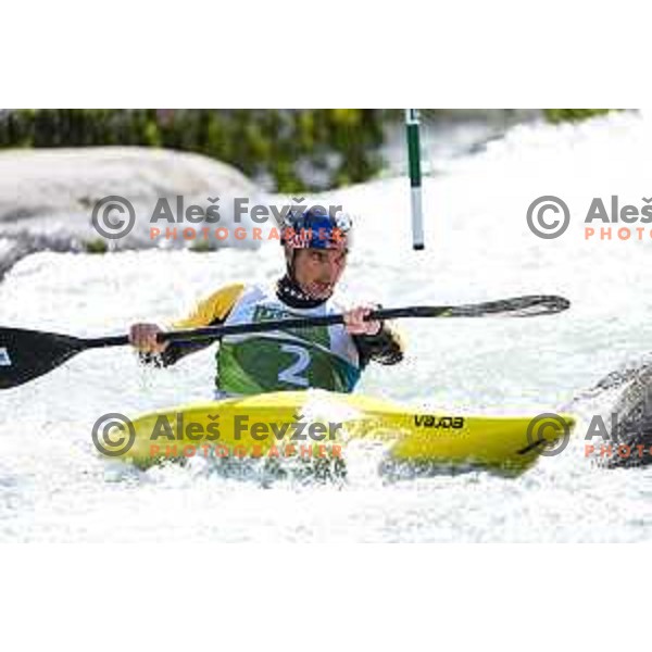 Peter Kauzer (SLO) comeptes at ICF Canoe slalom in Tacen, Ljubljana Slovenia on April 27, 2025