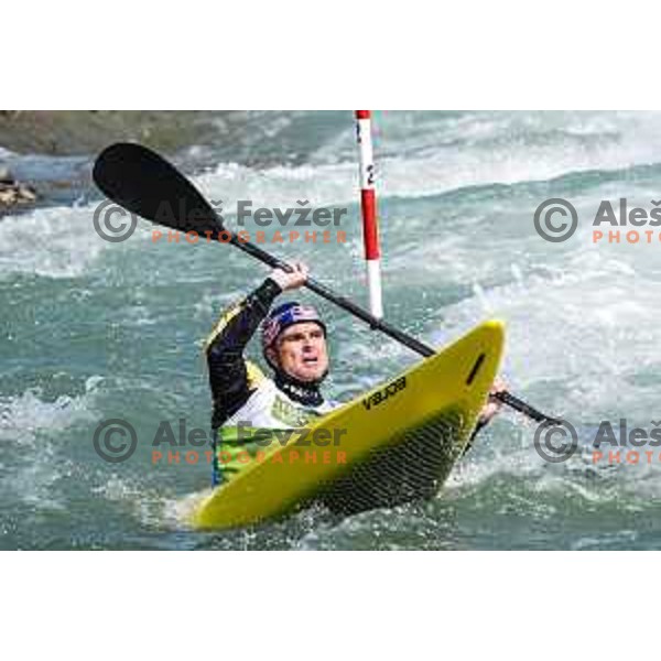 Peter Kauzer (SLO) comeptes at ICF Canoe slalom in Tacen, Ljubljana Slovenia on April 27, 2025