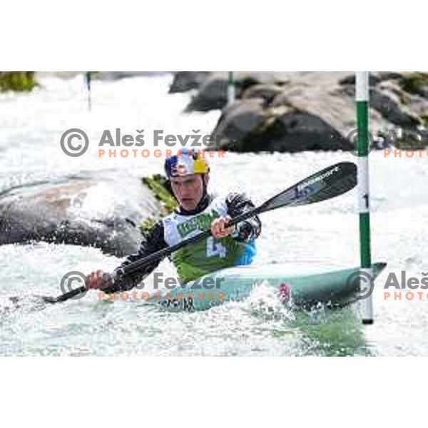 Ziga Lin Hocevar (SLO) comeptes at ICF Canoe slalom in Tacen, Ljubljana Slovenia on April 27, 2025