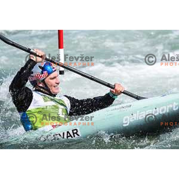 Ziga Lin Hocevar (SLO) comeptes at ICF Canoe slalom in Tacen, Ljubljana Slovenia on April 27, 2025