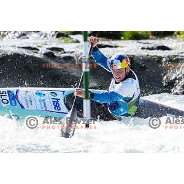 Ziga Lin Hocevar (SLO) comeptes at ICF Canoe slalom in Tacen, Ljubljana Slovenia on April 27, 2025