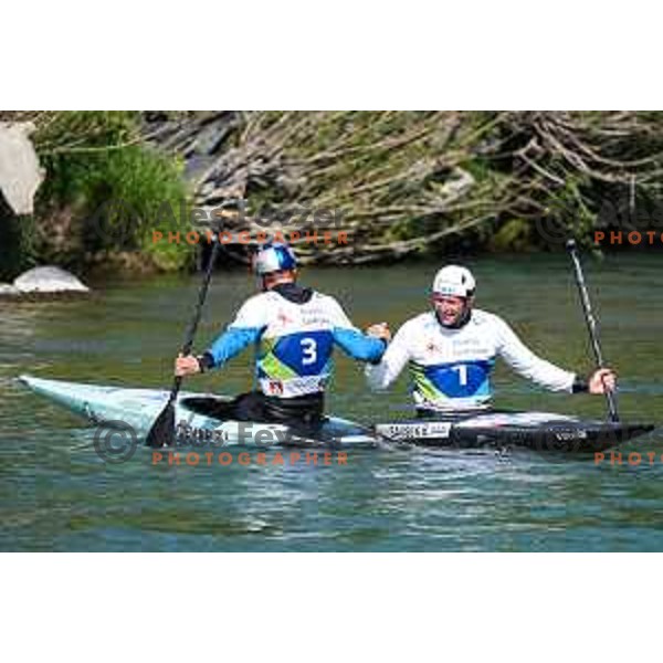 Ziga Lin Hocevar and Benjamin Savsek (SLO) compete at ICF Canoe slalom in Tacen, Ljubljana Slovenia on April 27, 2025