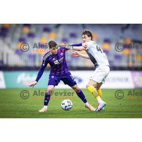 Ziga Repas vs Dorde Gordic in action during Prva liga Telemach 2024/25 football match between Maribor and Kalcer Radomlje in Ljudski vrt, Maribor, Slovenia on April 26, 2025. Photo: Jure Banfi
