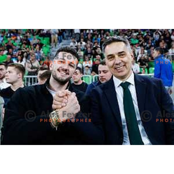 Karlo Matkovic and Davor Uzbinec during regular season basketball match of AdmiralBet ABA League 2024/2025 between Cedevita Olimpija Ljubljana (SLO) and Partizan Mozzart Bet (SRB) in SRC Stozice, Ljubljana, Slovenia on April 27, 2025