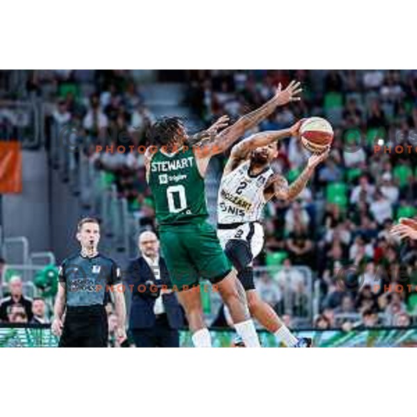 DJ Stewart in action during regular season basketball match of AdmiralBet ABA League 2024/2025 between Cedevita Olimpija Ljubljana (SLO) and Partizan Mozzart Bet (SRB) in SRC Stozice, Ljubljana, Slovenia on April 27, 2025