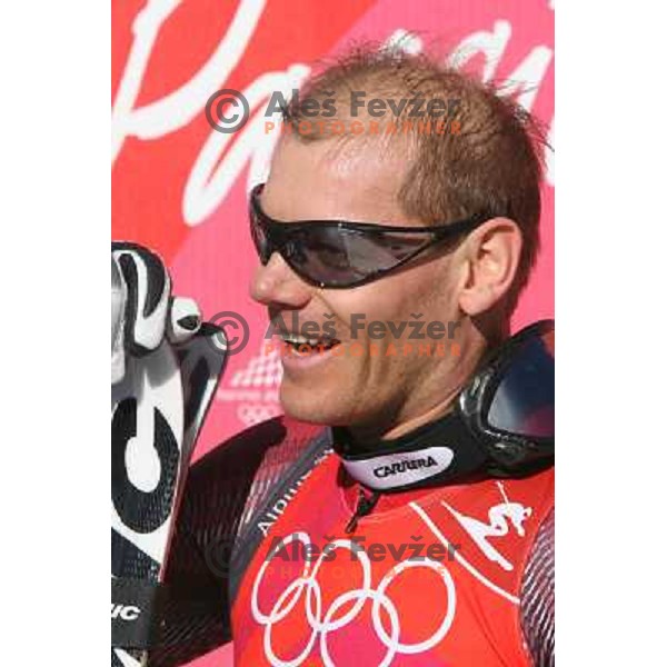 in the finish line of 2006 Torino Winter Olympic games men\'s downhill race in Borgata, Sestriere on February 12, 2006