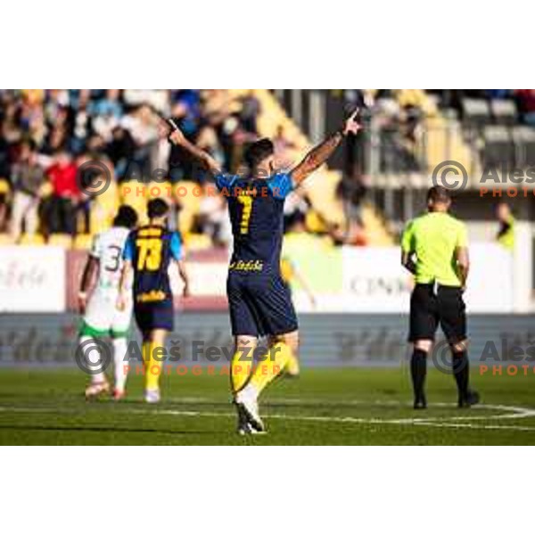 in action during Prva liga Telemach football match between Olimpija Ljubljana and Celje in Stadion z’dezele, Celje, Slovenia on April 27, 2025. Photo: Jure Banfi