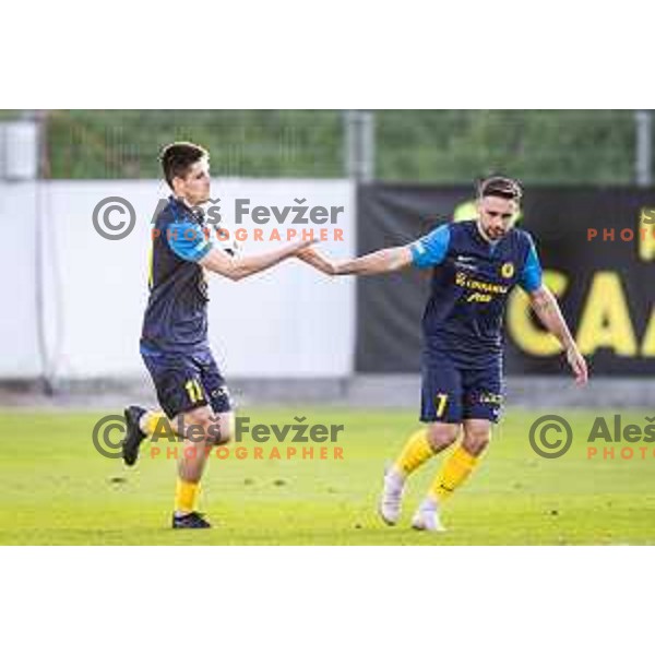 Svit Seslar and Aljosa Matko celebrate goal during Prva liga Telemach football match between Olimpija Ljubljana and Celje in Stadion z’dezele, Celje, Slovenia on April 27, 2025. Photo: Jure Banfi