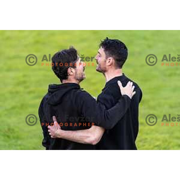 Victor Sanchez, head coach of Olimpija and Albert Riera, head coach of Celje after Prva liga Telemach football match between Olimpija Ljubljana and Celje in Stadion z’dezele, Celje, Slovenia on April 27, 2025. Photo: Jure Banfi