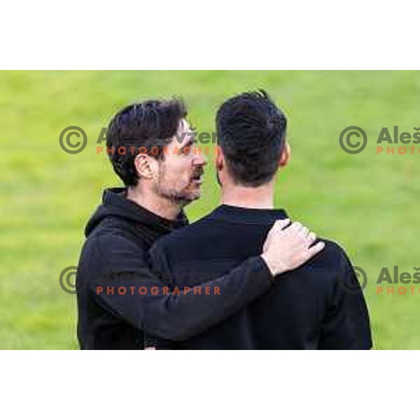 Victor Sanchez, head coach of Olimpija and Albert Riera, head coach of Celje after Prva liga Telemach football match between Olimpija Ljubljana and Celje in Stadion z’dezele, Celje, Slovenia on April 27, 2025. Photo: Jure Banfi