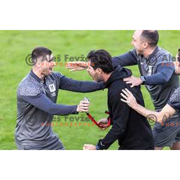 Victor Sanchez, head coach of Olimpija celebrates during Prva liga Telemach football match between Olimpija Ljubljana and Celje in Stadion z’dezele, Celje, Slovenia on April 27, 2025. Photo: Jure Banfi