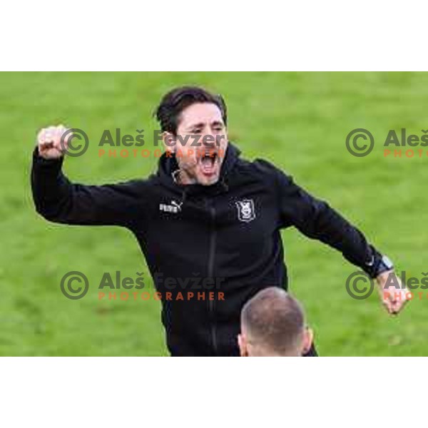 Victor Sanchez, head coach of Olimpija celebrates during Prva liga Telemach football match between Olimpija Ljubljana and Celje in Stadion z’dezele, Celje, Slovenia on April 27, 2025. Photo: Jure Banfi